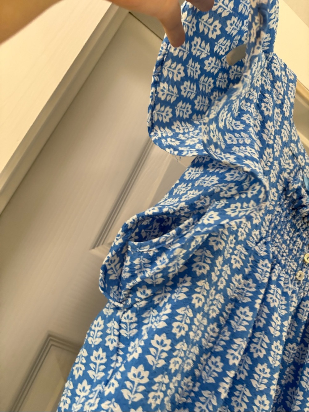 Draper James Blue & White Smocked Flutter-Sleeve Blouse - Picture 2 of 10